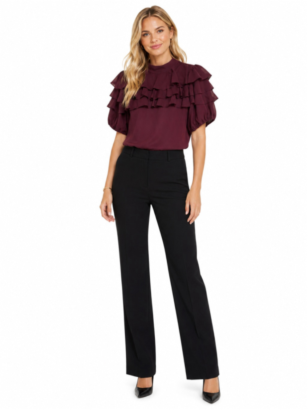 80 Park Burgundy Ruffle Blouse Size M NWT - Picture 2 of 12